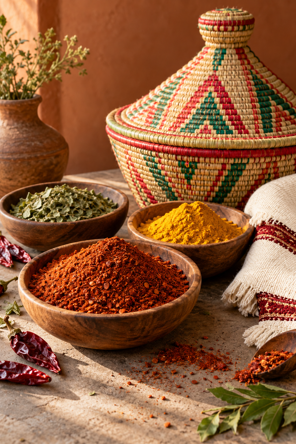 Photo-style image of spices in wooden bowls, a woven basket and a traditional textile